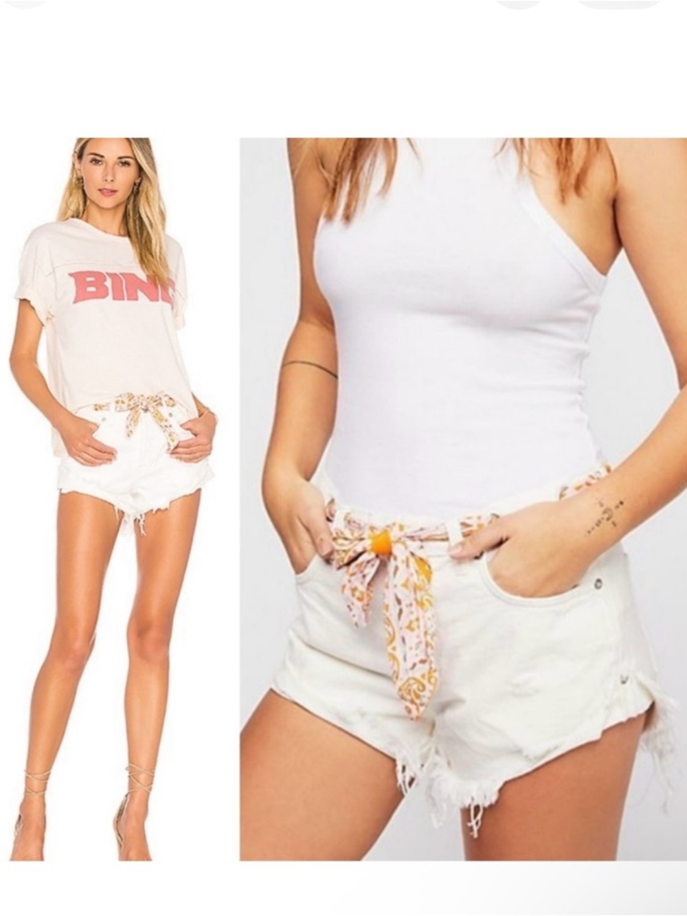 Free People Sashed & Relaxed White Cuffed Button Denim Jeans Shorts